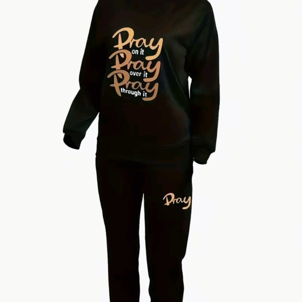 Black Sweatshirt and Pants Set with Gold Text